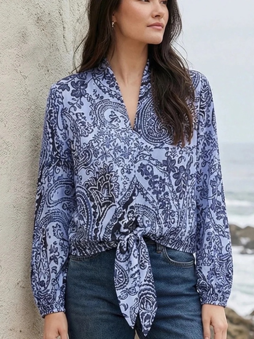 NWT Fifteen Twenty Scarlet Tie Front Blue Paisley Top | Size XS
